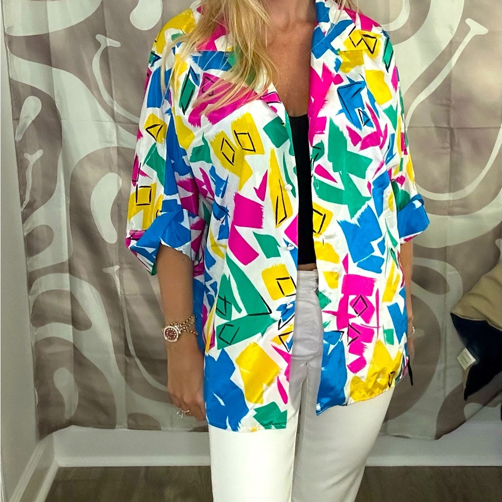 Colorful vintage button up blouse made in USA